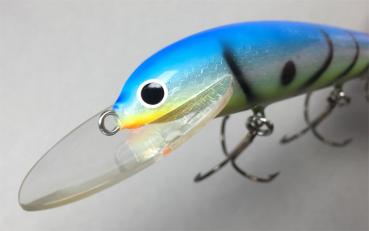 Karikko Wobbler, Länge: 15 cm, Farbe: Blau-Silber-Gelb + schwarz gezeichnet 022, schwimmend, von Suomen Uistin The Finnish Lure Company (Jarmo Rapala)